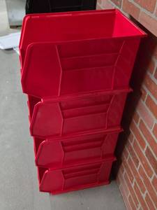 Lot of 4 Plastic Stackable Bins - 18 x 11 x 10, Red