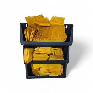 3 Heavy Duty Husky Stackable Totes Loaded with new Shipping Envelopes