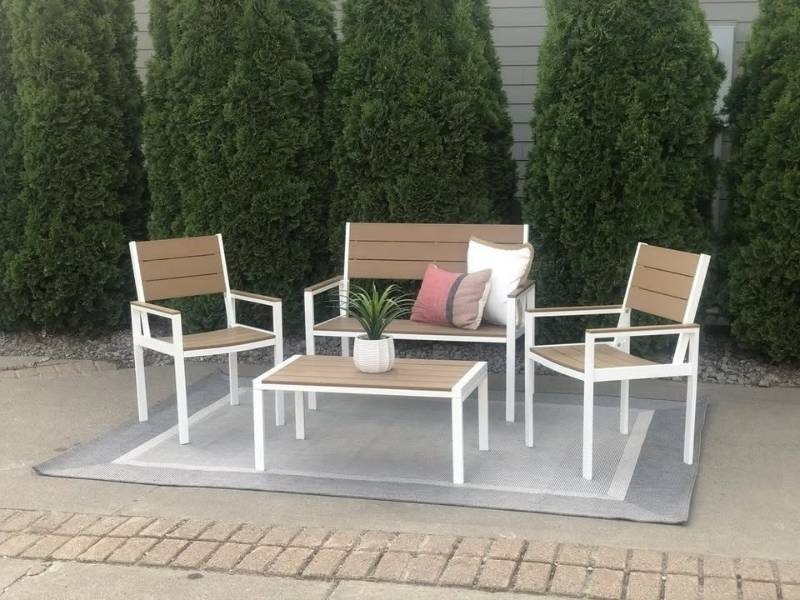 lot 37 image: �NEW 4pc Outdoor 2 Chairs Coffee Table and Bench WhiteBrown Polywood All Weather Wood