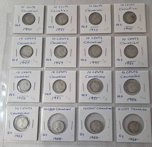lot 42 image: 1941 - 1953  Silver 10 Cent Canadian - 16 Coins