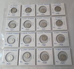 lot 43 image: 1953-1959 Silver 10 Cent Canadian - 16 Coins