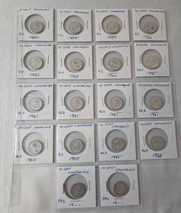 lot 44 image: 1959 - 1968 Silver 10 Cent Canadian - 18 Coins