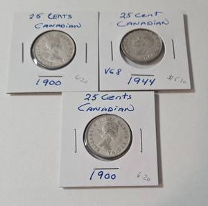 lot 45 image: 1900 - 1944  Silver 25 Cent Canadian - 3 Coins