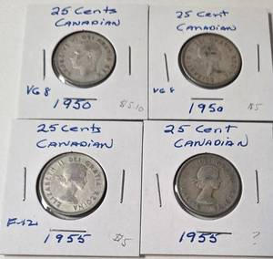 lot 46 image: 1950 - 1955 Silver 25 Cent Canadian - 4 Coins