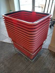 (12) Shopping Baskets in Wire Holder