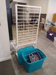 Rolling Wire Display Rack with Tote of Hooks