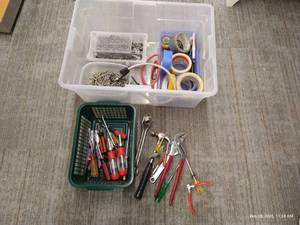 Tote of Misc. Tools, Hardware, & Tape
