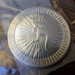 lot 125 image: One Ounce .9999 silver bullion � 2016 Australian Silver Kangaroo BU � APMEX plastic sleeve