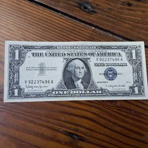 lot 141 image: 1957B Silver Certificate Circulated Banknote  Blue Seal  high numbers  in excellent condition
