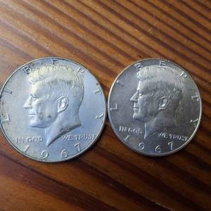 lot 123 image: One Dollar Face Value  2 x 1967 40% silver Kennedy Half Dollars