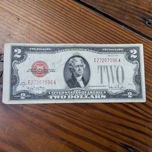 lot 132 image: Vintage 1928-G Two Dollar, Red Seal Bill on the left side, Circulated Paper Money and Highly Collectible