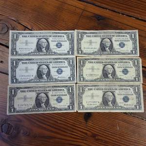 lot 135 image: 6 Total Circulated Silver Certificate Blue Seal Banknotes � Both 1957 and 1957A series