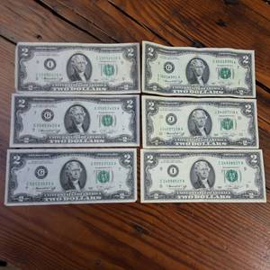 lot 144 image: 1967 Two Dollar Circulated Banknotes  4 of a kind and full house  Good condition in all 6 notes