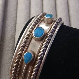 lot 49 image: Stunning - Quality Made - Heavy Cuff Bracelet -Sterling Silver and Turquoise  21.6 mm wide Band 