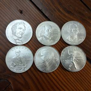 lot 62 image: Lot of 6  90% Silver Dollars  Multiple Year U.S. Mint commemorative coin honoring Great Men