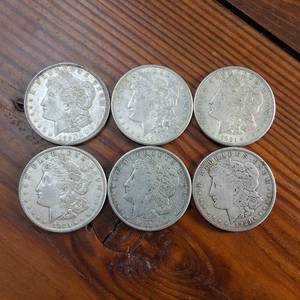 lot 66 image: HUGE LOT 6 Coins 1921 Morgan silver dollars  Weight 26.7 grams 90% silver  Circulated