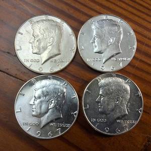 lot 9 image: 4 x 1967 Kennedy Half Dollars  40% silver content  nice condition