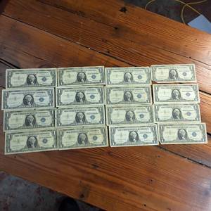 lot 18 image: Lot of 16 1957 Series Silver Certificates  Not FRNS  circulated condition  BLUE SEALS