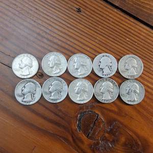 lot 27 image: Pre-1965 90% Constitutional Silver Quarters   10 coins total various years and conditions