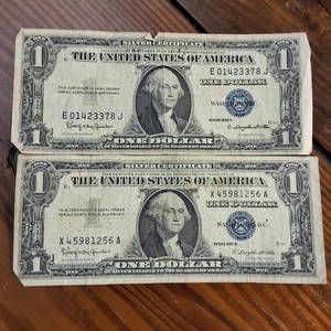 lot 30 image: 1935H & 1957B Series Silver Certificates  circulated condition  BLUE SEALS  2 Notes