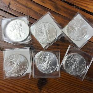 lot 26 image: Bulk Lot of 6 total BU 2014 American Silver Eagles .999 Silver  Weight 31.1 g Diameter 40.6 mm