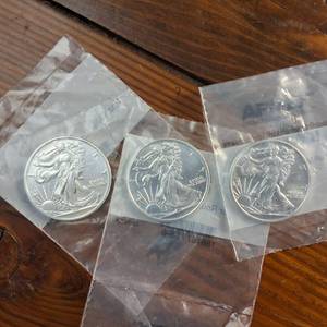 lot 32 image: 3 x 1 oz .999 Fine Silver Bullion Walking Liberty Coins  Sealed in APMEX protective sleeves