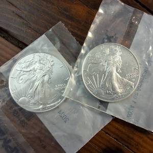 lot 45 image: Lot of 2 total BU 2024 American Silver Eagles  .999 Silver  Weight 31.1 g Diameter 40.6 mm