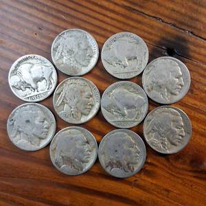 lot 102 image: Large Lot (10 coins) circulated Buffalo Head Nickels   made in USA  various years