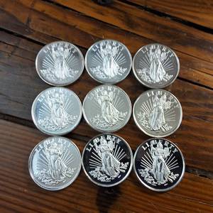 lot 155 image: Lot of 9 Bullion Coins (BU)  1 troy oz .999 Fine Silver  Made in USA   Liberty