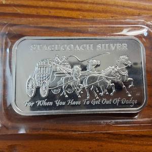 lot 189 image: 1 OZ .999 Fine Silver Bar  Vintage Fractional Stagecoach Silver  Dividable Bar