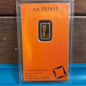 lot 212 image: GOLD BAR  1 gram .9999 Pure Gold  Certified Assay  Valcambi Suisse