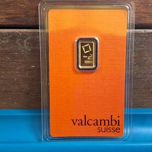 lot 290 image: GOLD BAR  1 gram .9999 Pure Gold  Certified Assay  Valcambi Suisse