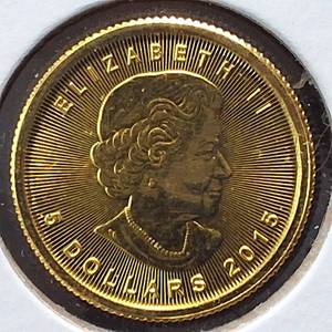 lot 16 image: 2015 Canada 110 oz Gold Maple Leaf 0.9999 fine (24-karat) gold bullion coin  $5 CAD face value  (BU)