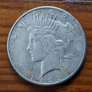 lot 276 image: 1923-D Peace Dollar 90% Silver, 26.73 grams  circulated 0.77344 troy ounces silver