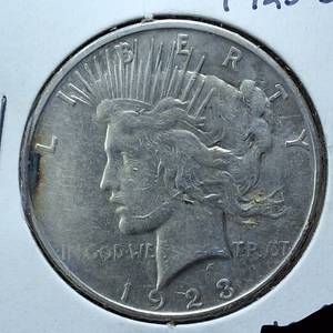 lot 285 image: 1923-D Peace Dollar 90% Silver, 26.73 grams  circulated 0.77344 troy ounces silver