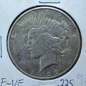 lot 291 image: 1922-S Peace Dollar 90% Silver, 26.73 grams  Circulated 0.77344 troy ounces silver  (F-VF)