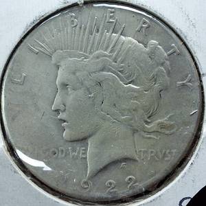 lot 366 image: 1922-S Peace Dollar 90% Silver, 26.73 grams  Circulated Condition 0.77344 troy ounces silver