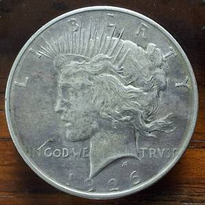 lot 369 image: 1926-D Peace Dollar 90% Silver, 26.73 grams  Circulated but Nice 0.77344 troy ounces silver