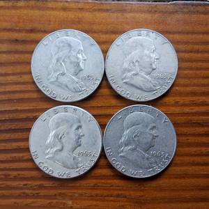 lot 378 image: Lot of 4 1963 Franklin Half Dollars  90% silver, 10% copper coin  .36 oz silver each Two Dollar Face