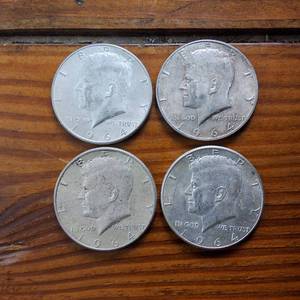 lot 331 image: Lot of 4 1964 Kennedy Half Dollars  90% silver   .3617 troy ounces silver in each coin  $2 Face Value