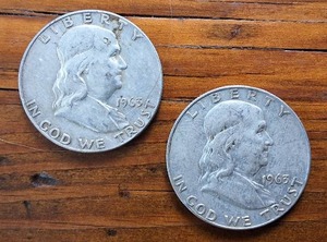 lot 334 image: Lot of 2 1963 Franklin Half Dollars  90% silver, 10% copper coin  .36 oz silver each One Dollar Face