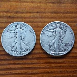 lot 336 image: Lot of 2 1945 Walking Liberty Half Dollars  Circulated 90% Silver (2 coins � 1 dollar face value)