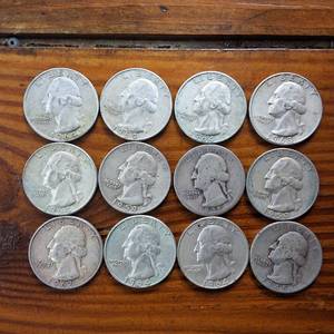 lot 345 image: Lot of 12 Various Years Washington Quarters  90% silver Constitutional Currency  $3 Dollar FV