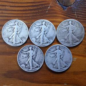 lot 401 image: Lot of 5 Coins 1941-1945 Walking Liberty Half Dollar Sequential Collection  90% Silver ($2.5 Face Value)