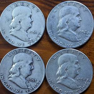 lot 404 image: Lot of 4 Good Condition Franklin Half Dollars Sequential 1951 52 53 54  .36 oz silver ea. $2 FV