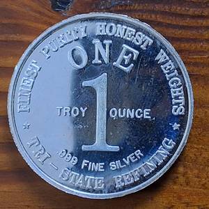 lot 406 image: Honest 1 Oz Silver Bullion .999 Fine Silver  Tri-State-Refining  1776-1976  God Bless Eagles