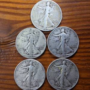 lot 351 image: Lot of 5 1941-45 Walking Liberty Half Dollars  Circulated 90% Silver  sequential series