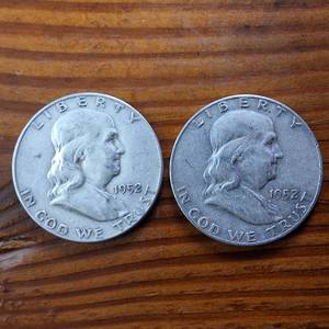 lot 354 image: Lot of 2 1952-D Franklin Half Dollars  90% silver, 10% copper coin  .36 oz silver each  $1 Face