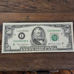 lot 355 image: Fancy Note Crisp 1990 $50 FRN Bleed Through (Back to Front)  Also a �Full House�  RARE