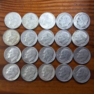 lot 357 image: Lot of 20 Various Years Roosevelt Dimes  90% silver in circulated condition, 2 Dollar Face Value